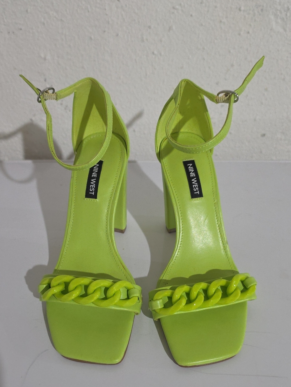 Nine West Neon Green Chain-Detail Block Heel Sandals